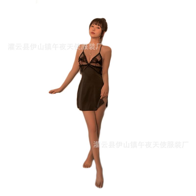 

Sexy home pajamas uniform seduction passion women hollow backless neck ring set pajamas ice silk loungewear One size fits all чорний