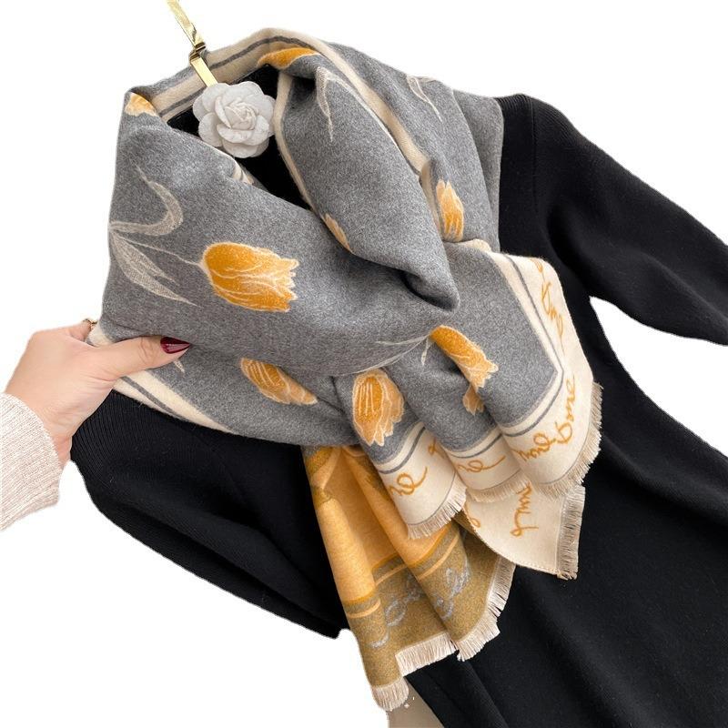 New Tulip Flower Scarf Women's Imitation Cashmere Autumn and Winter Thickened Warm Dual-purpose Long Shawl