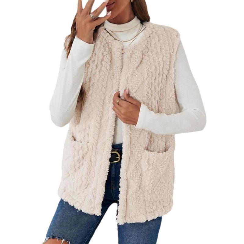 Women Casual Open Front Double Sided Fleece Pocket Mid Length Sleeveless Vest