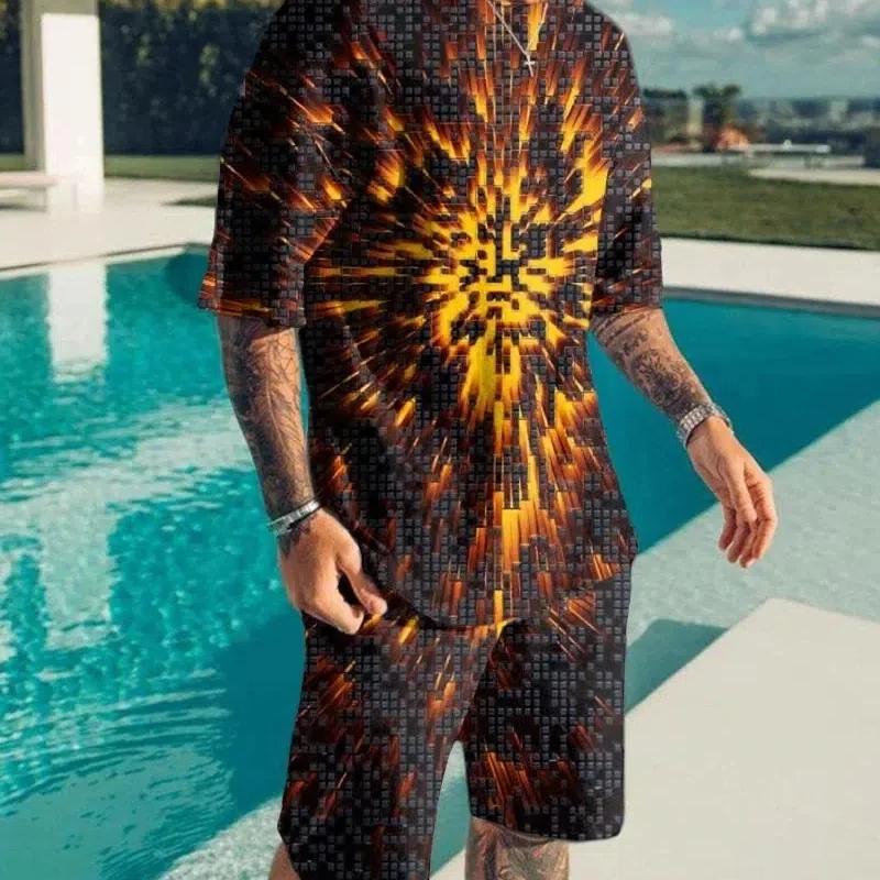 Vintage Print Men Set Suit Harajuku 3D Men Luxury 2 Piece Oversized Sweatshirt O-neck Tshirt Beach Shorts Outfits Men Clothing