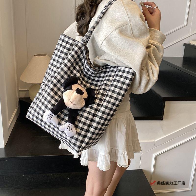New striped large-capacity canvas bag women's cute fashion plaid single shoulder cartoon commuting lazy wind tote bag
