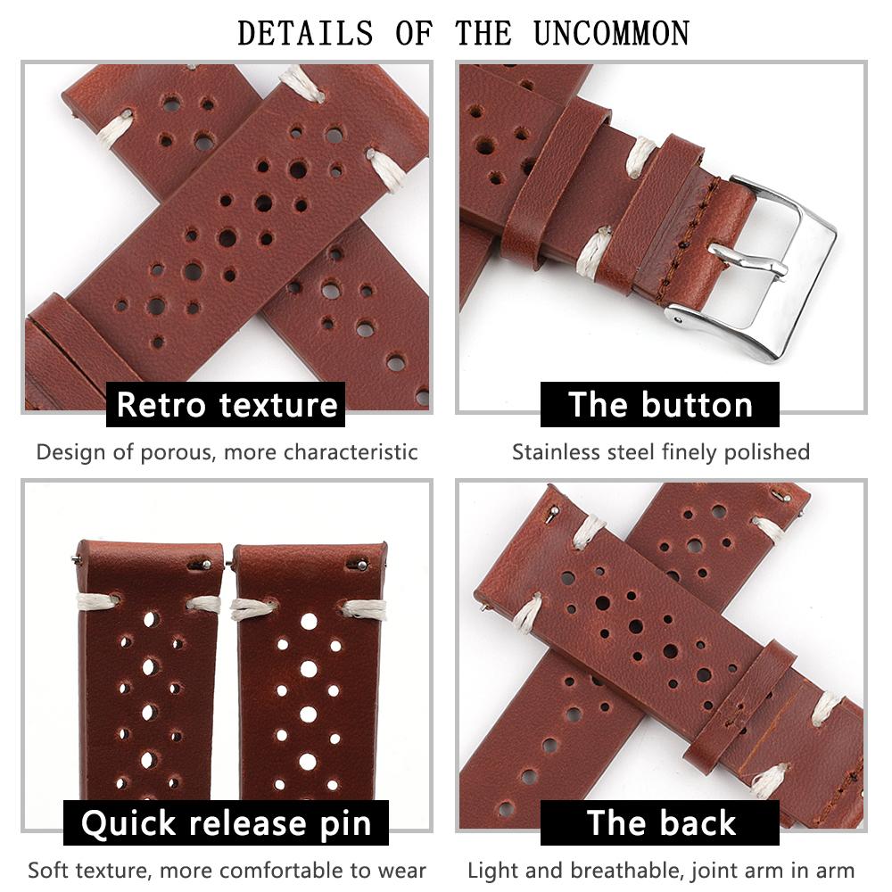 Porous Leather Watch Band 19mm 20mm 22mm 24mm Breathable Watch Strap Handmade Stitching Quick Release Watchbands Black Brown Red