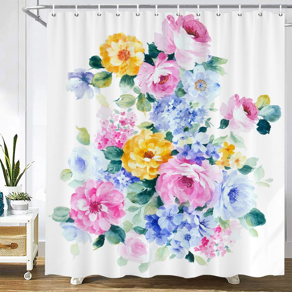 Colorful Beautiful Fresh Flowers Shower Curtain Bathroom Waterproof Polyester Butterfly 3D Print Curtains for Bathroom Shower