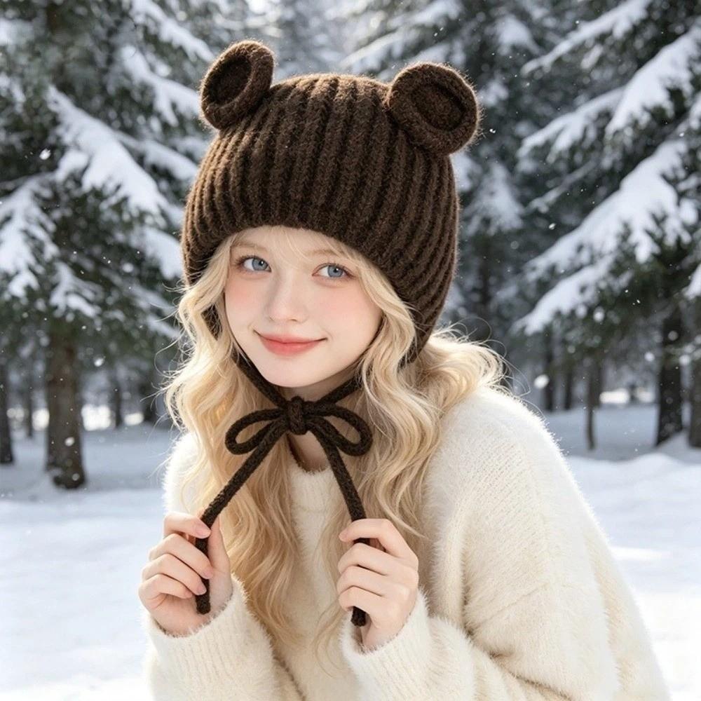 Thicken Ear Protection Hat Keep Warm Overhead Cap Fashionable Bear Ear Knitted Hat  Adult