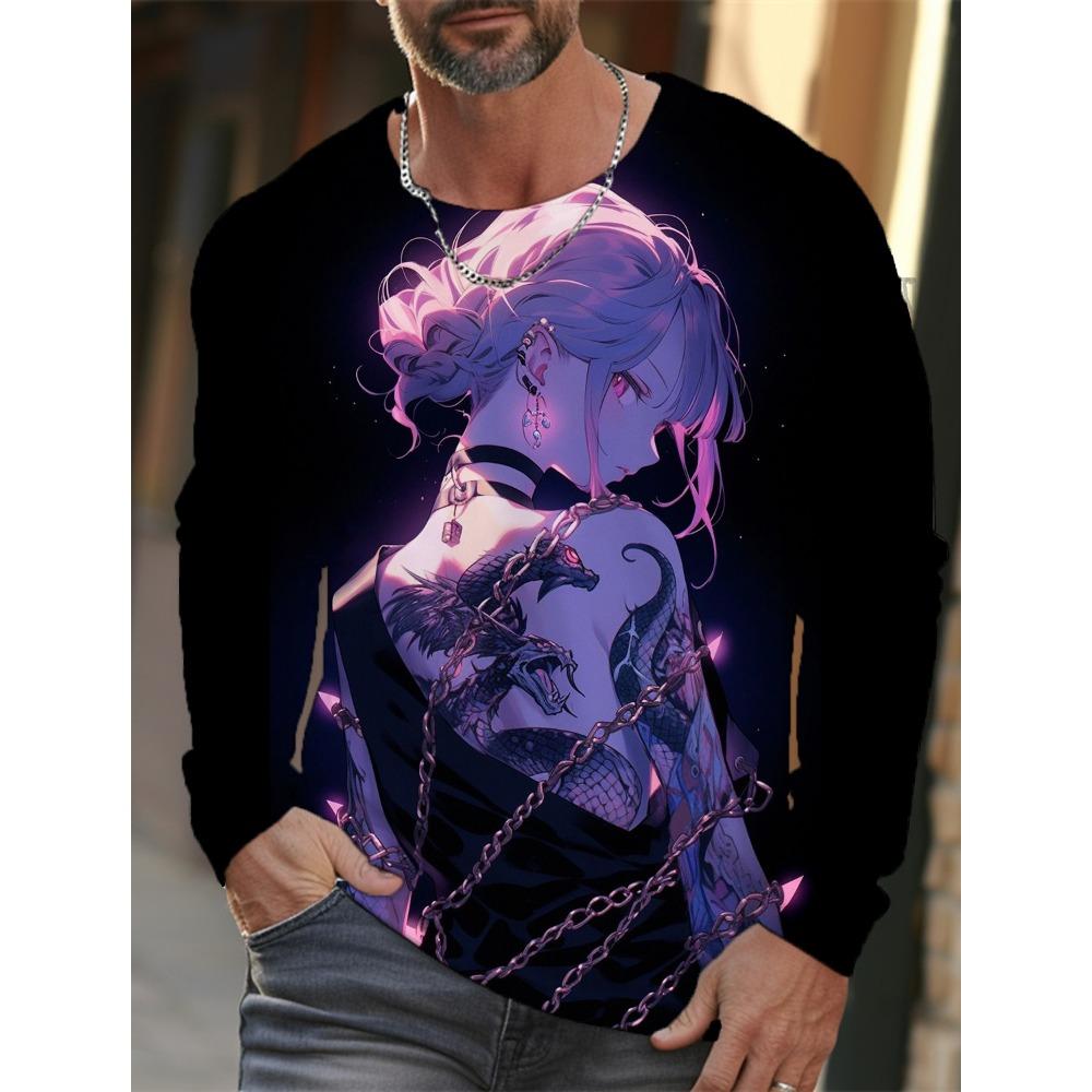 new men's long-sleeved T-shirt 3D printing HD anime tattoo beauty printing men's autumn tops casual round neck home clothes
