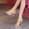 Fashion Hot Selling 2025 Design Style Hollow Out Crystal Diamond Narrow Band Women Slippers Fashion Square Toe Thin Heels Stripper Shoes