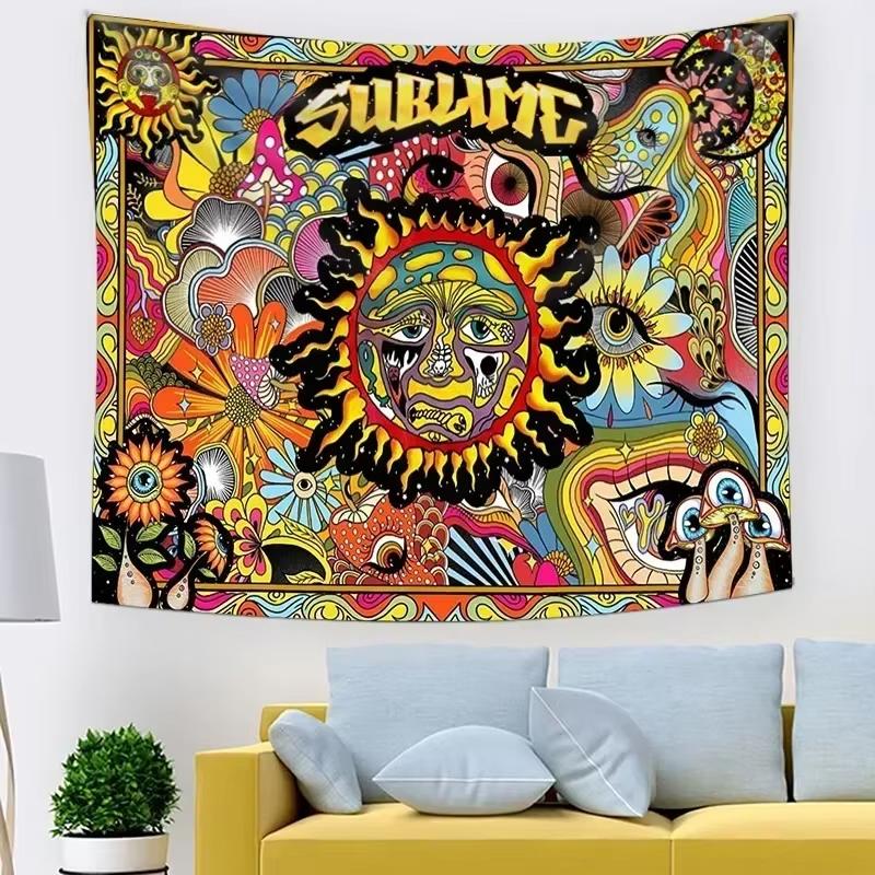 Psychedelic Spiritual Tapestry Trippy Tarot Sun and Mushroom Art for Bohemian Aesthetic Room Decor