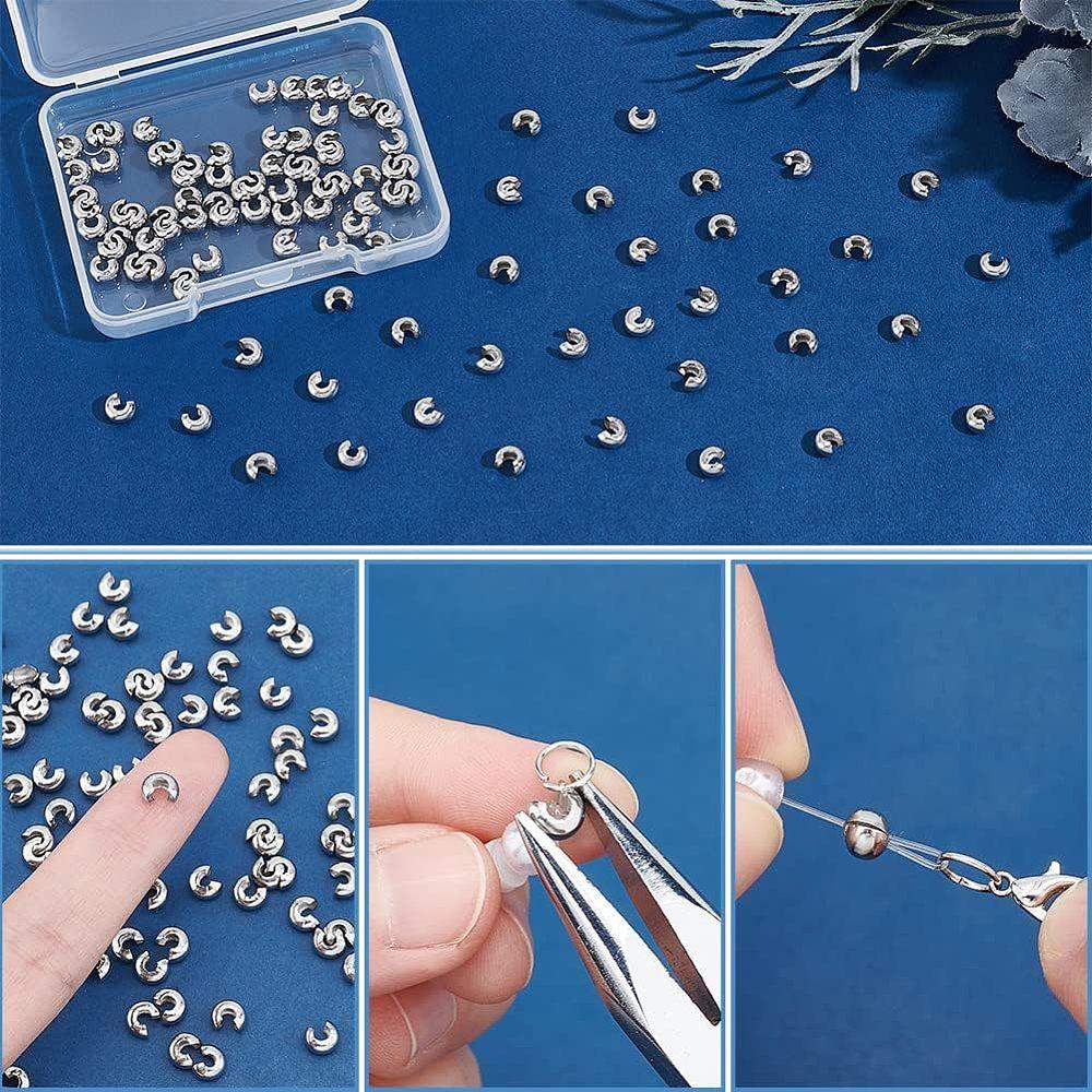 304 Stainless Steel Crimp Beads Covers, with Bead Container, Stainless Steel Color, 5mm In Diameter, About 100pcs/box