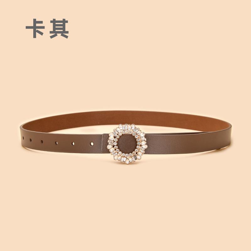 Ladies Belt With Crystal Diamond Square Buckle Decorative Belt Women'S Leather Smooth Buckle Belt