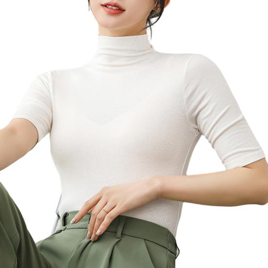 Letní topy Rolák Jednobarevný Polorukáv Slim Fit Hladké letní oblečení Ženy Strečová vrstva Pohodlné Top s vysokým výstřihem Denní nošení