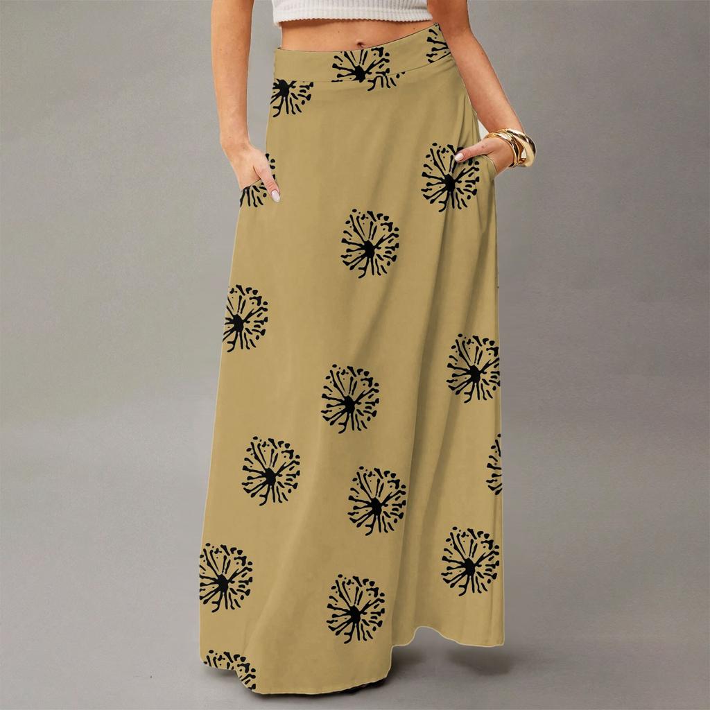 Damska Casualowa Składana Spódnica Maxi z Wysokim Stanem w Kropki z Kieszenią, Draperowana, Luźna