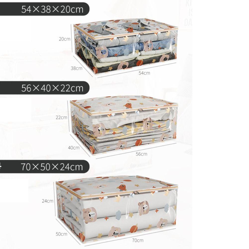 PEVA Transparent Zipper Storage Bag For Quilts, Blankets And Clothes, Cartoon Print Organizer For Bedroom Wardrobe And Closet, Three Sizes