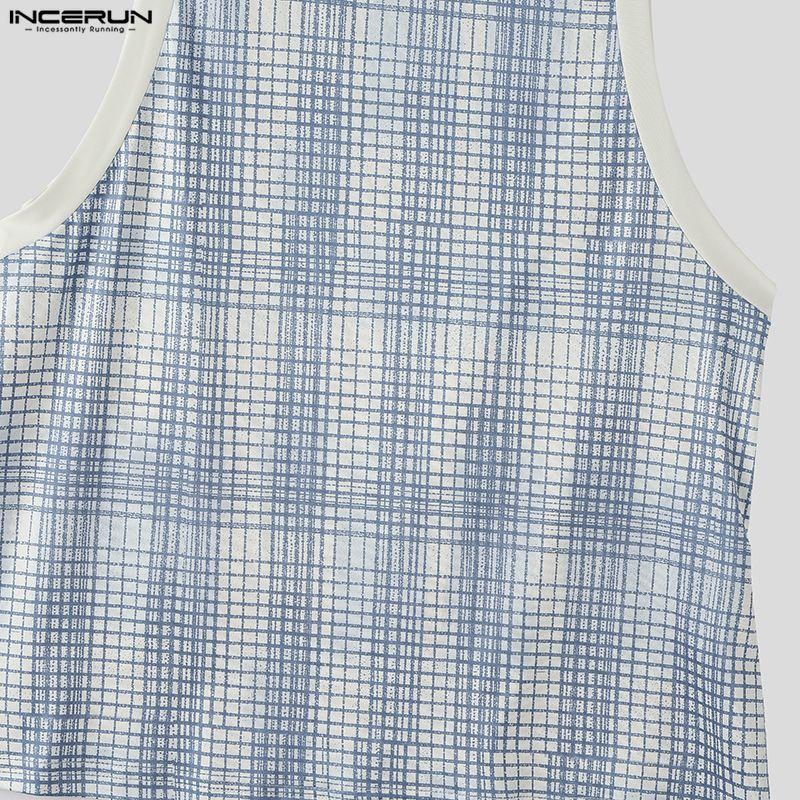 INCERUN Men Sleeveless Plaid Print Casual Sport Athletic Long Tank Tops Vest