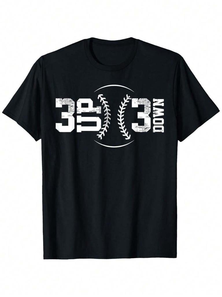 Unisex's 3 Up 3 Baseball Graphic T-Shirt - Retro Crew Neck Short Sleeve Tee With Bold Lettering & Baseball Stitch Design