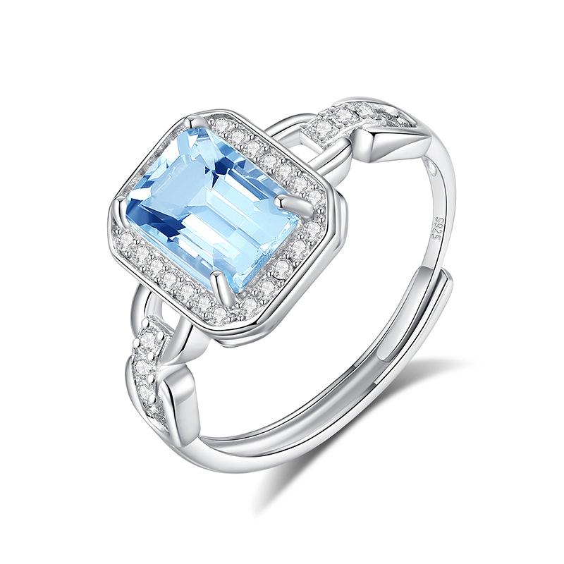 S925 Sterling Silver Square Natural Crystal Ring, Paved Colored Gems Adjustable Band, Luxury European Style Jewelry for Women, Daily Wear & Gift