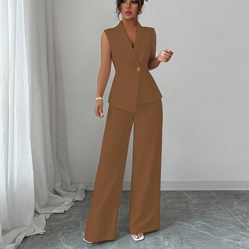 Womens Sleeveless V Neck Blouse Wide Leg Pants Set Solid Color Suit