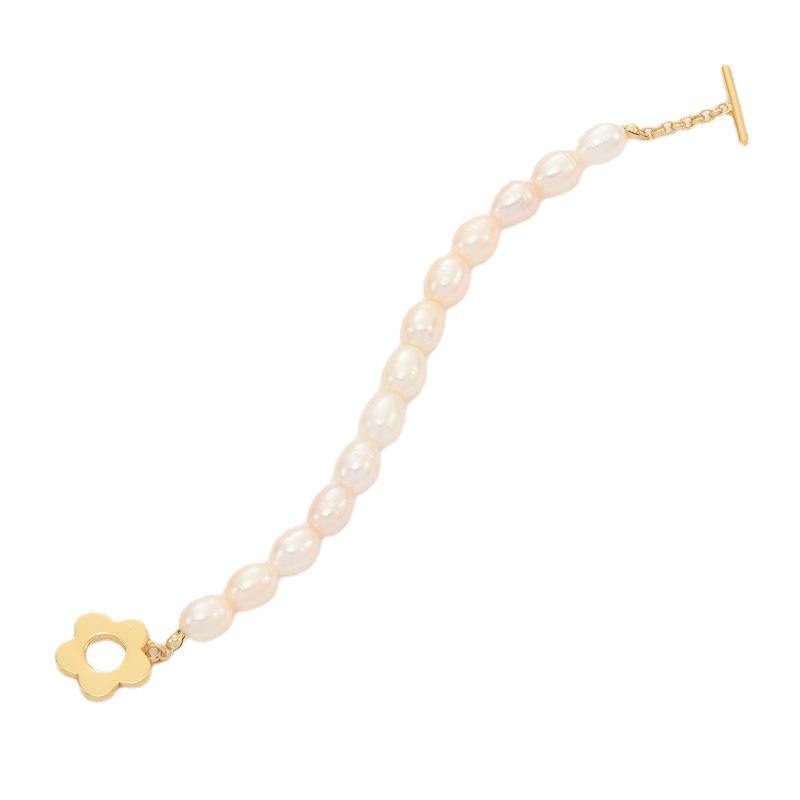 Copper Gold Floral Freshwater Pearl Bracelet for Women - Versatile European and American Fashion with OT Clasp