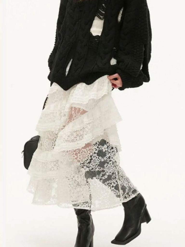 Women's Lace Skirt White Y2k Vintage Elegant Mid-length Skirt Ruffled Elastic Waist Korean Fashion Clothing
