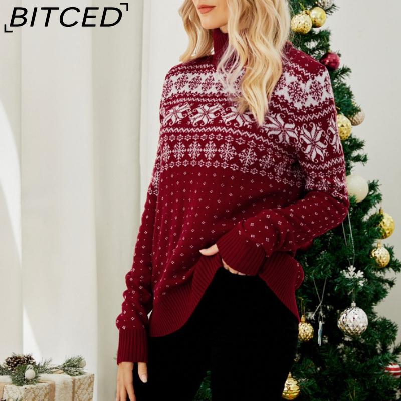BITCED Autumn/Winter Jacquard Pullover Red Turtleneck Christmas Sweater Snowflake Knit Base Layer