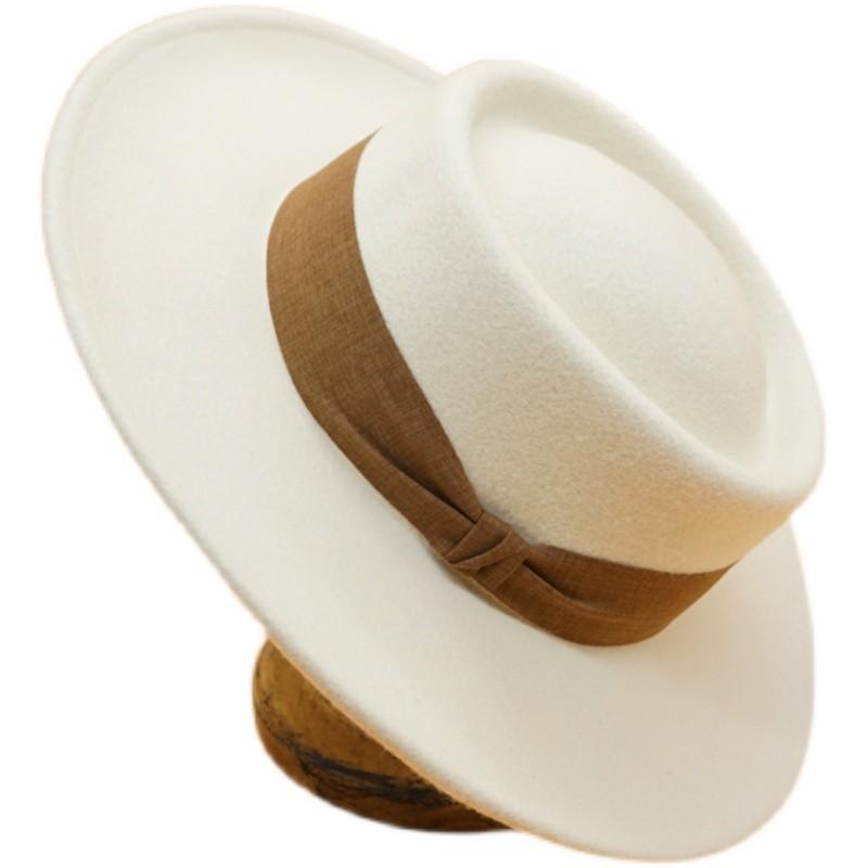 French Retro Simple White Woolen Flat Top Panama Top Hat Female Autumn And Winter British Celebrity Felt Elegant Hat