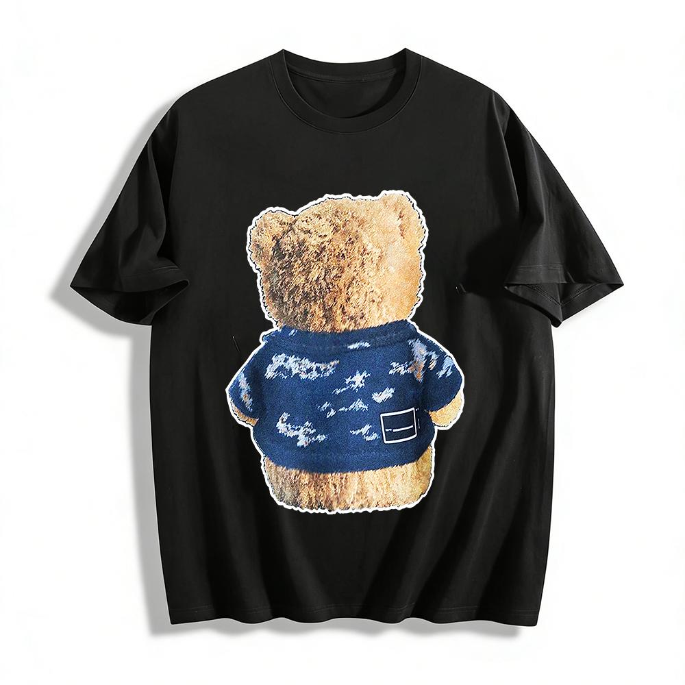 Vintage Distressed Bear Back Print Casual Top Unisex Loose Trendy Daily Pullover Pure Cotton T-shirt
