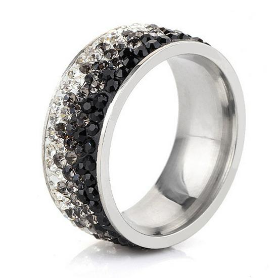 Stylish 8MM Gradient Polymer Clay Rhinestone Inlaid Stainless Steel Ring Size 8