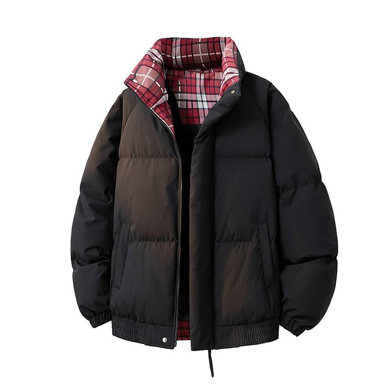 Unisex Winter Puffer Jacket Oversized Cotton Coat Stand Collar Plaid Print Warm Thick Outerwear Teens