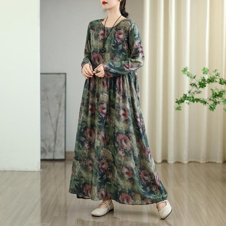 New Vintage Floral Maxi Dress Women Plus Size Oversize Long Sleeve Loose Basic Spring Long Dress