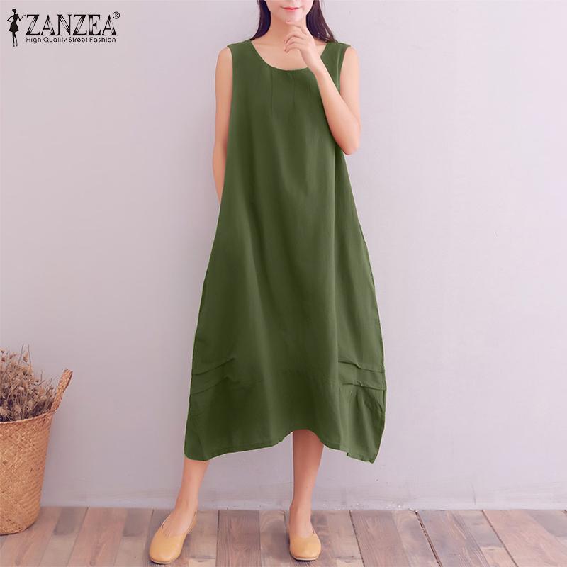 

ZANZEA Женское свободное повседневное летнее платье без рукавов с круглым вырезом