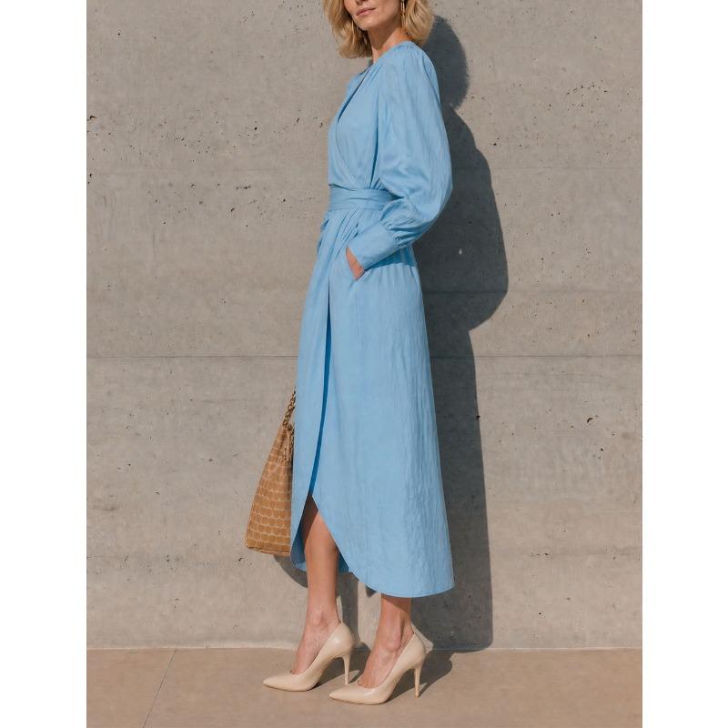 Women S V Neck Long Sleeve Wrap Tie Waist Long Dress