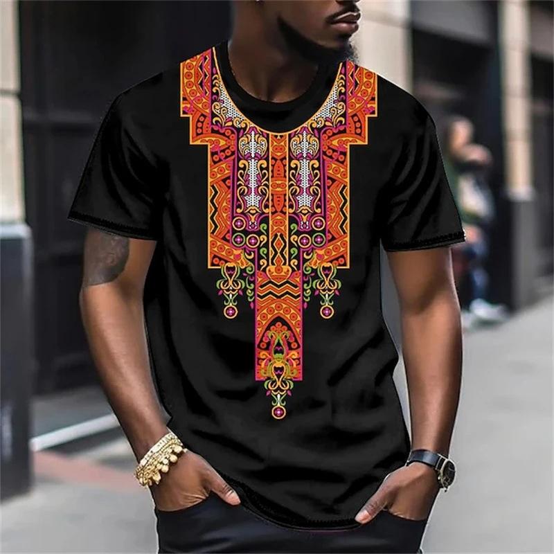 New European and American trend T-shirt, casual ethnic style tribe D printing short-sleeved men's outdoor top