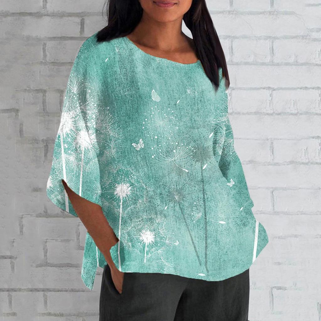Women's Fashion Half Sleeve Round Neck Printed Loose Casual Blouse Tops Pullover
