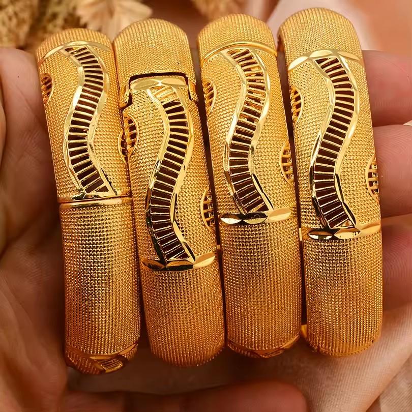 African Gold Color Shiny Bangles for Women Girls Dubai Circle  Bride Wedding Bracelet Ethiopian Jewelry
