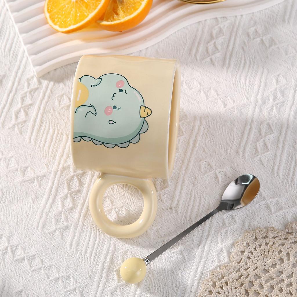 Light Luxury Ins Style Dinosaur Ceramic Cup Cute Mug with Lid Spoon Household High Value Coffee Cup Souvenir