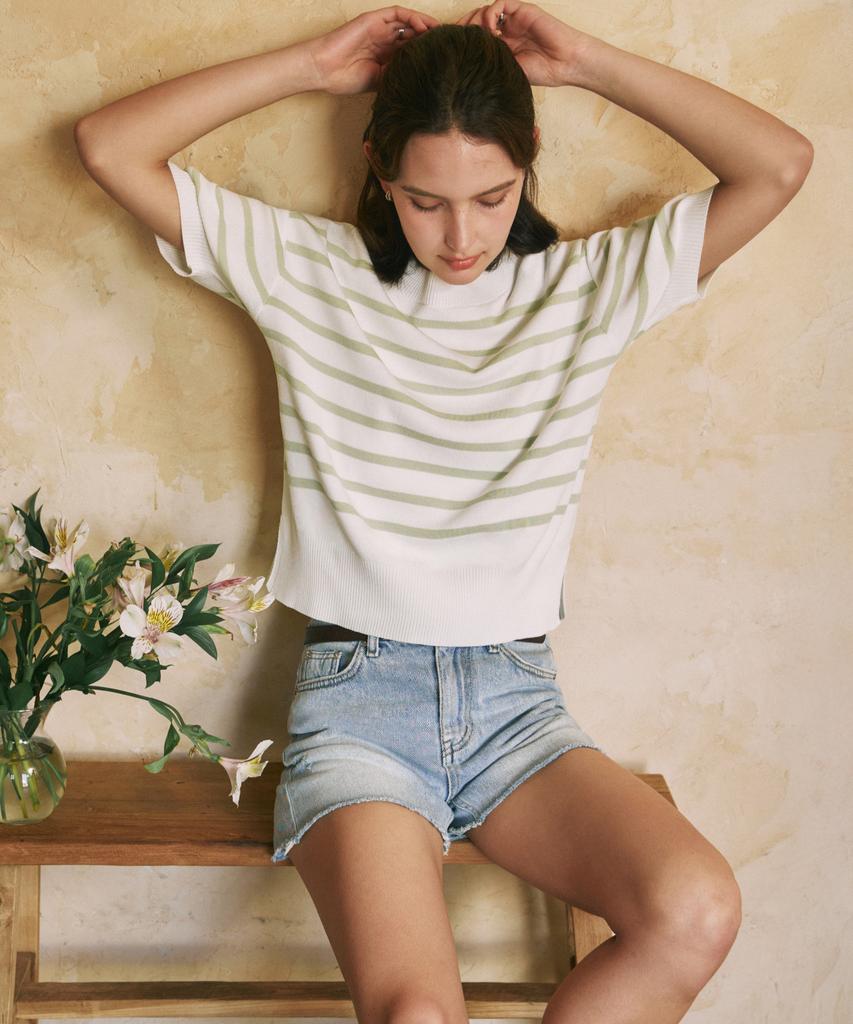 ZEROSTREET [3 Colors] Short Sleeve Striped Round Neck Knit