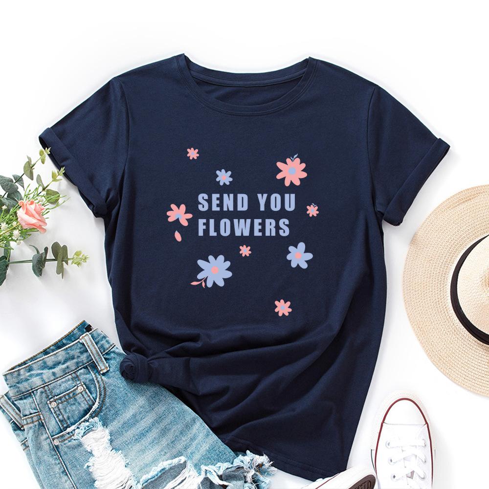 Send You Flowers Cotton T-Shirt Short Sleeve Round Neck Women 2d Print Tops