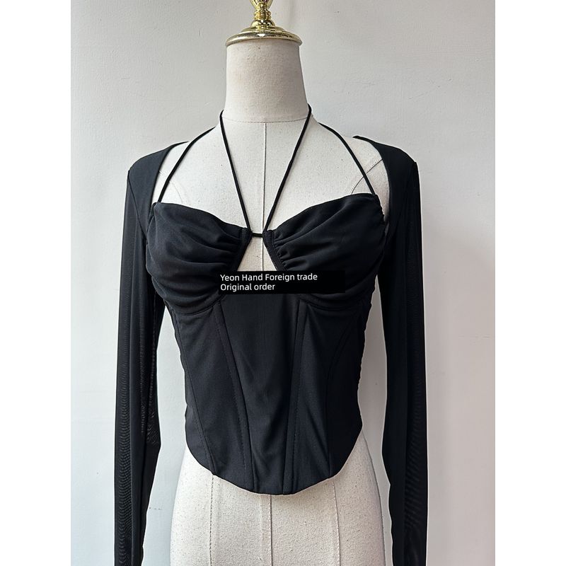 Foreign Trade Original Order Large Sexy Black Mesh Early Autumn Fishbone Long Sleeves Silm Midriff-Baring Top Sexy Square-Cut Collar