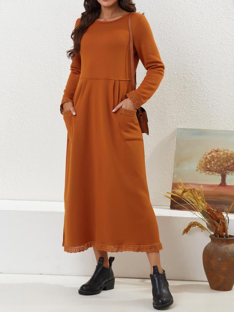 2023 Autumn Loose Plus Size Knit Lace Long Fleece Sweatshirt Dress