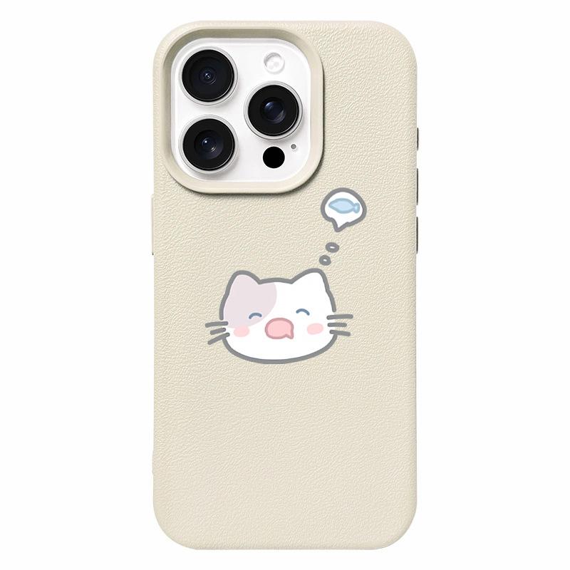 Simple Kitten and Fish Suitable for Apple 16promax Couple Phone Case IPhone 14 Lychee Pattern