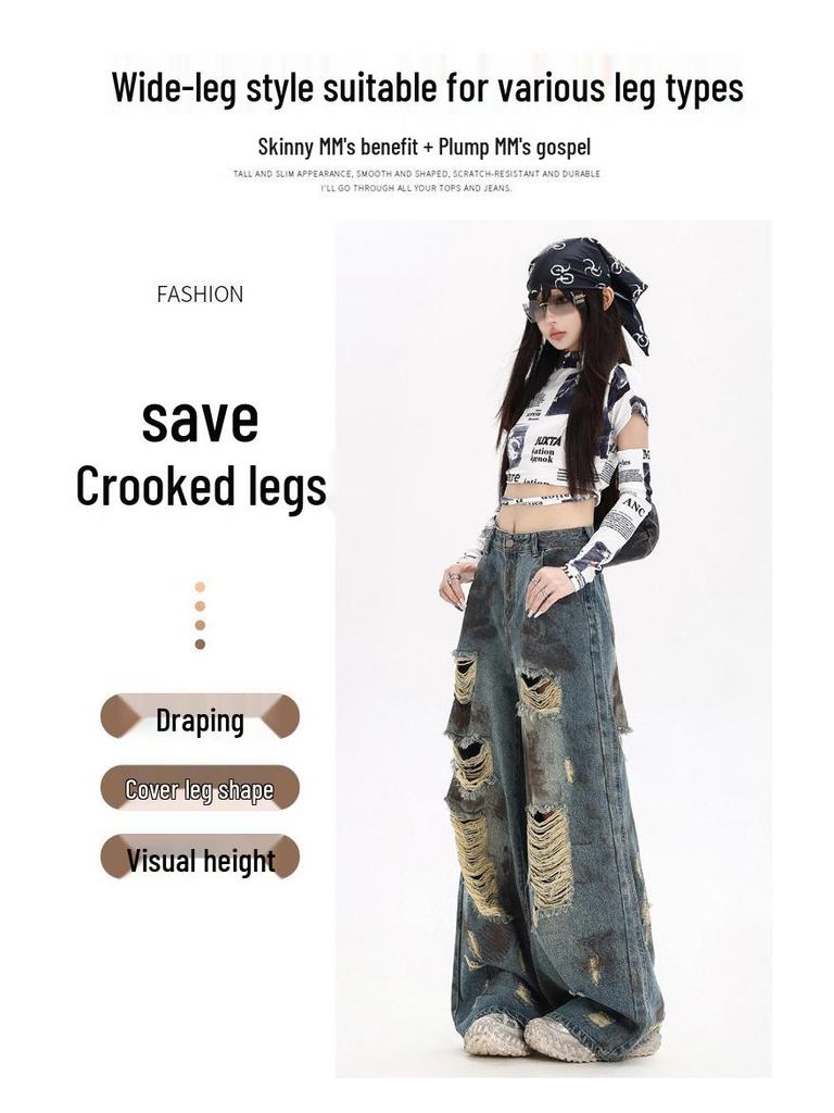 Trendy Graffiti Ripped Wide-Leg Jeans for Women - Autumn Wasteland Style