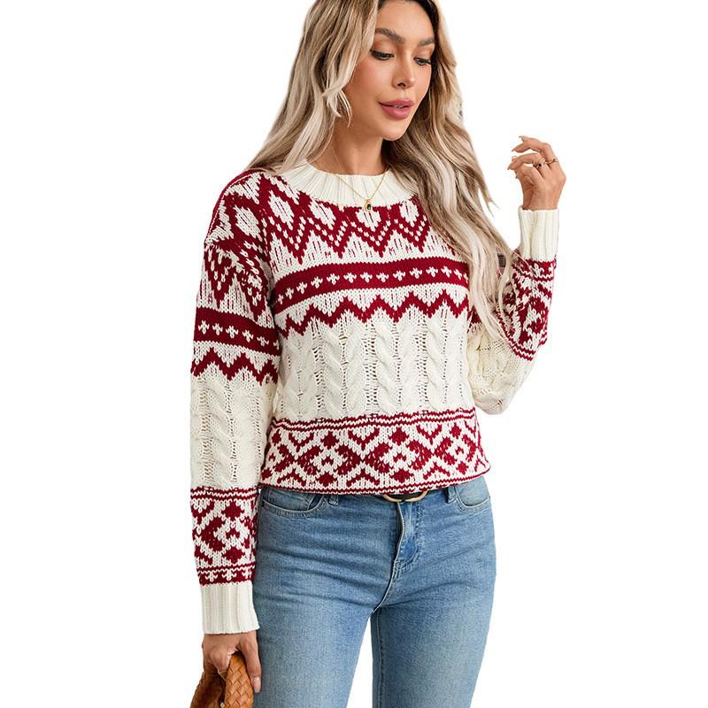 Womens Oversized Knit Sweater With Geometric Round Neck Long Sleeve Pullover Winter Holiday Season
