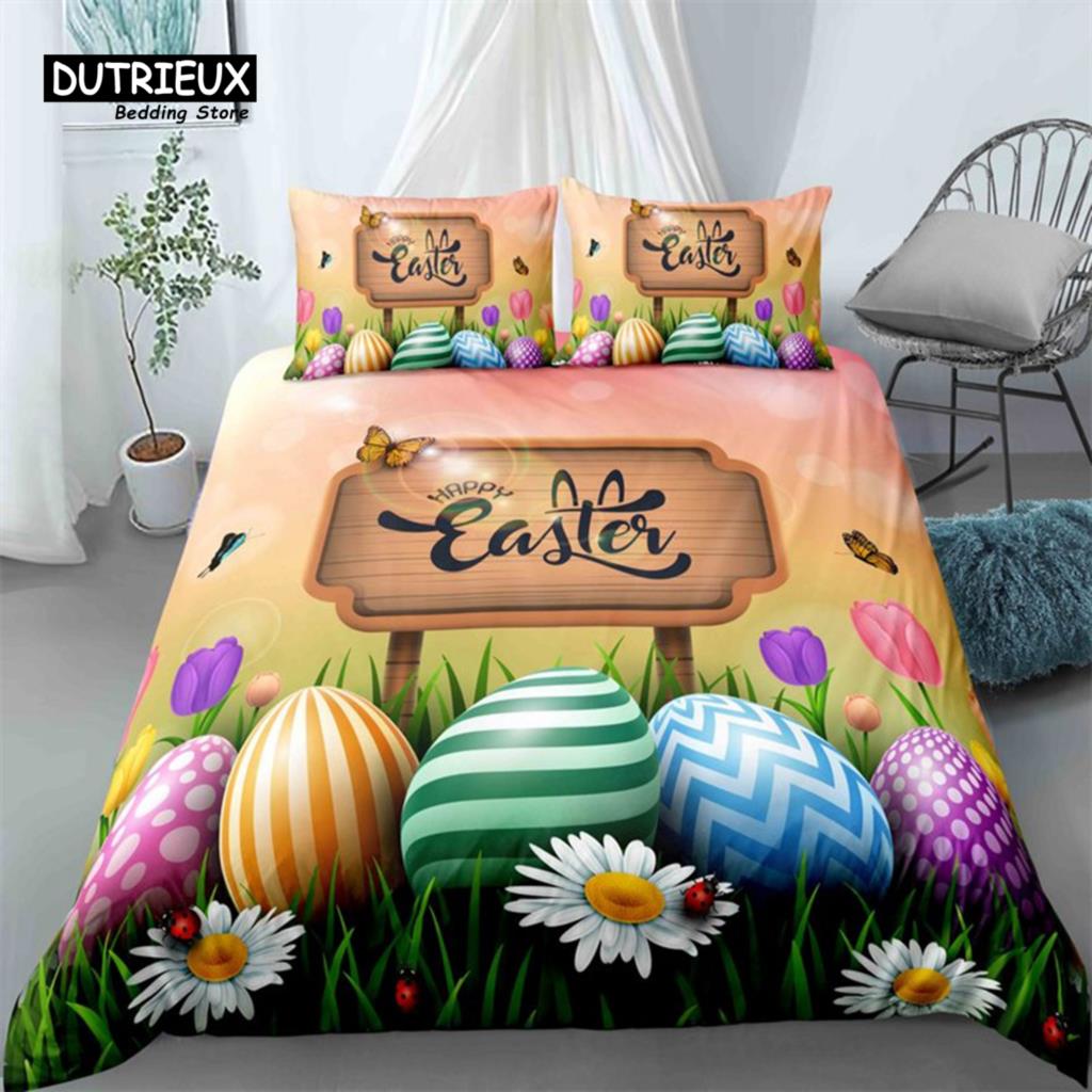 Soft Easter Eggs Print Duvet Cover Happy Easter Cartoon Rabbit Toddler Bedding Sets Twin King Queen Size Microfiber Quilt Cover