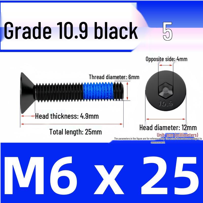 Black Anti-Slip Flat Cup Screw with Adhesive Blue Glue, Countersunk Hexagon Socket, Available in M2-M8 Sizes