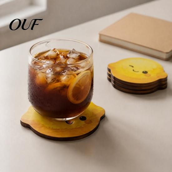 Decorative Kitchen Table Accessories 4PCS Cute Lemon Shape Wooden Coasters, Non-slip Heat Insulation Pads, Resistant Drink Mats Tableware for