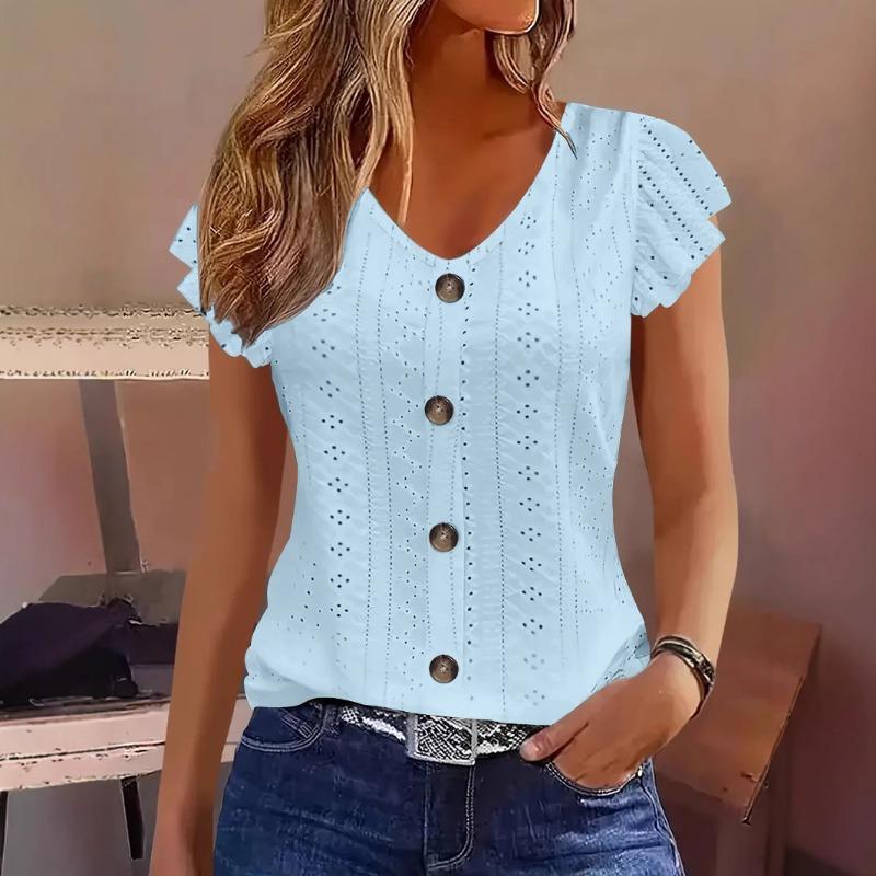 New Summer Jacquard V-neck Lace Blouse Women Solid Color Buttons T-shirt Short Sleeve Casual Top Fashion Woman Sweet Simple Elegant Shirts Loose