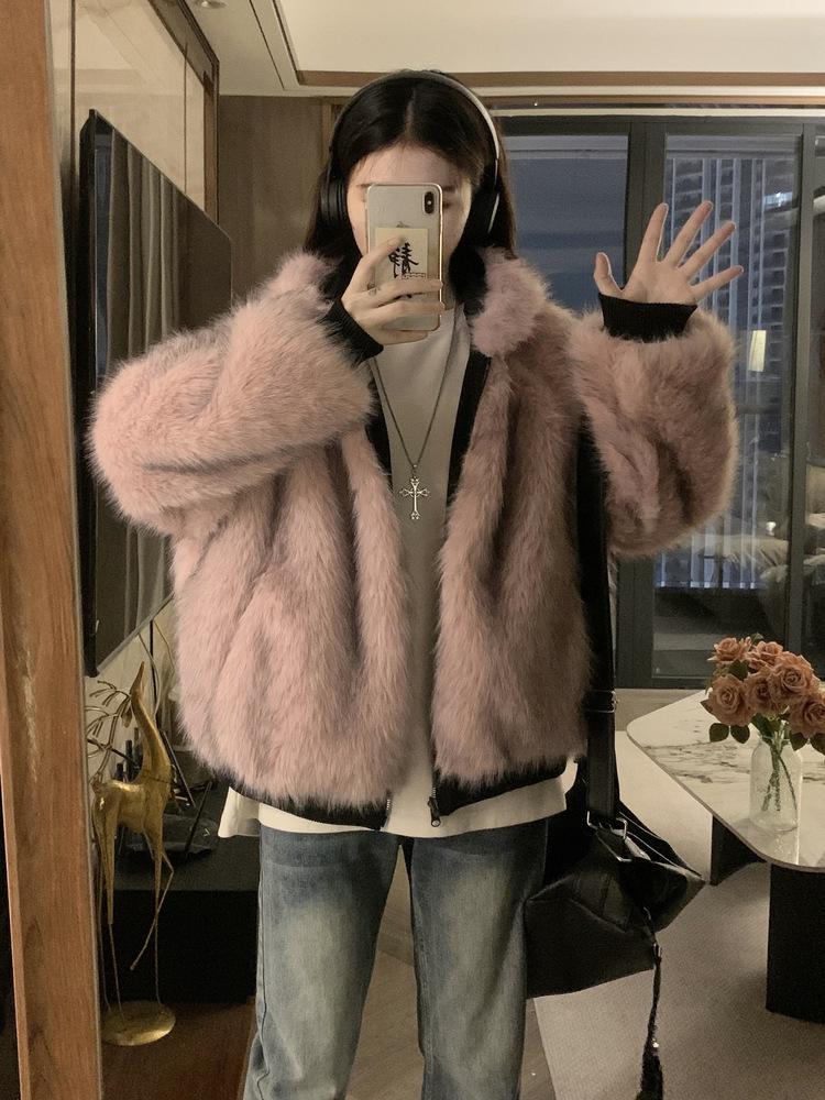 Kış yeni çift taraflı kapüşonlu sevimli kısa splicing gündelik moda trendi bol pamuklu palto kadın