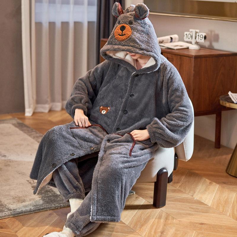 

Coral Fleece Men S Pajamas Winter Flannel Nightgown Thickened Large Size Loose Home Clothes Two -Piece Suit L