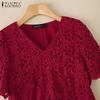 ZANZEA Women Summer V-Neck Lace Crochet Patchwork Casual Short Sleeve Blouse