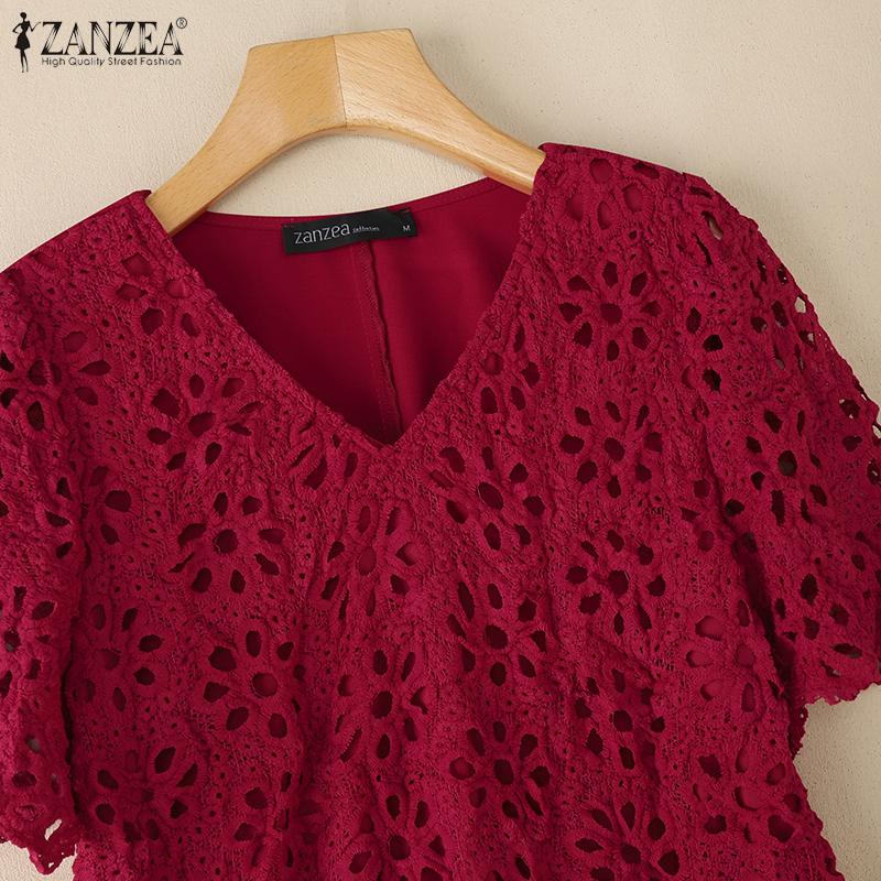 ZANZEA Women Summer V-Neck Lace Crochet Patchwork Casual Short Sleeve Blouse