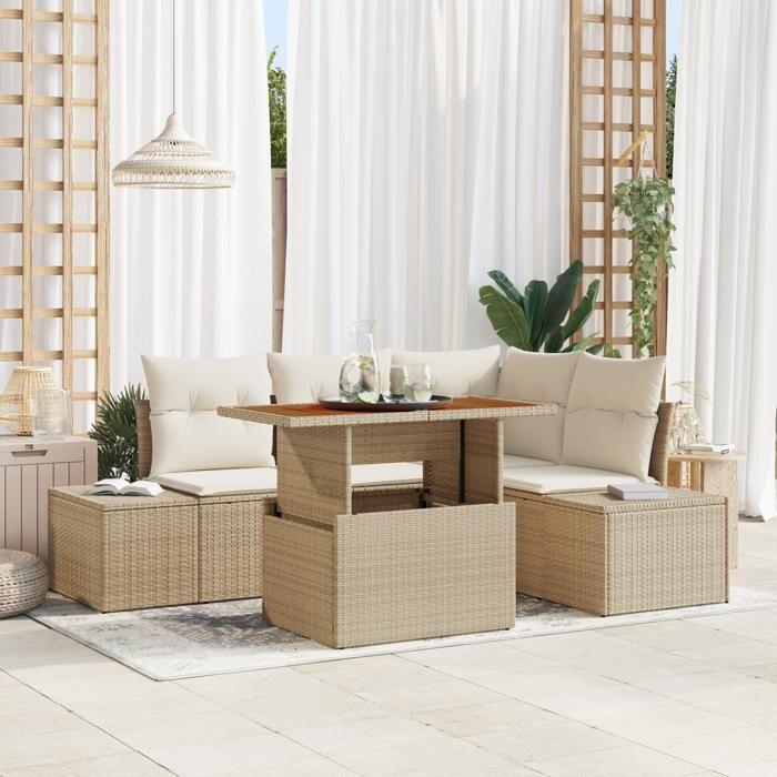 VidaXL Ensemble de salle à manger de jardin de 5 pièces avec coussins beige en poly rotin acacia 3349959